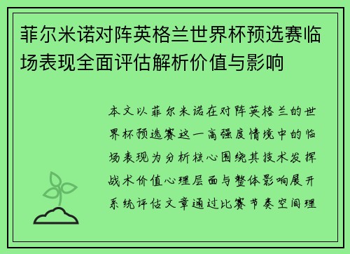 菲尔米诺对阵英格兰世界杯预选赛临场表现全面评估解析价值与影响