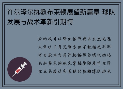 许尔泽尔执教布莱顿展望新篇章 球队发展与战术革新引期待